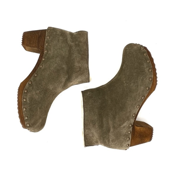 Bosabo Ankle Boots Sage Green Suede Upper Wooden Sole Size 8 Shearling lined EUC - Picture 9 of 14